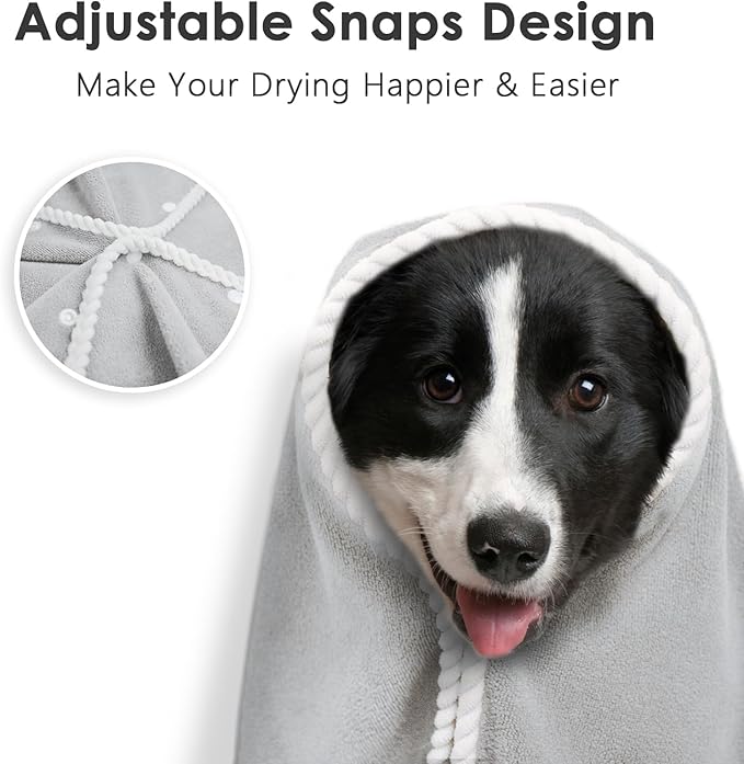 Dog Towels 2-PCS, 56x28inches Absorbent Soft Microfiber Towels for Drying Dogs Extra Large, Large, Medium, Small - Pet Bath, Grooming Towel(Adjustable Snaps, Grey)