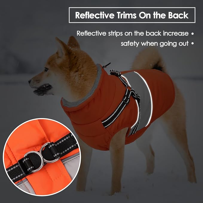 SUNFURA Dog Coat, XXL Dog Jacket Winter with Harness Built in, Waterproof Pet Snow Jacket with Furry Collar for Chilly Day, Reflective Fleece Snowsuit for Extra Large Dogs, Orange 2XL