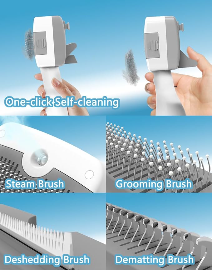 5-in-1 Pet Steam Brush for Dogs & Cats-Self-Cleaning Steam Dog Brush with 3 Swap-in Heads (Grooming, Dematting, Deshedding),Cat Spray Hair Removal Comb,Includes Pet Essence & Storage Case