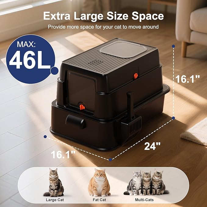 FURTIME Stainless Steel Litter Box with Lid, XL Extra Large Cat Litter Box for Big Cats, Enclosed Drawer Metal Litter Boxs with High Sided Enclosure & Mat, Front & Top Entry, Odor Free, Anti-Leakage