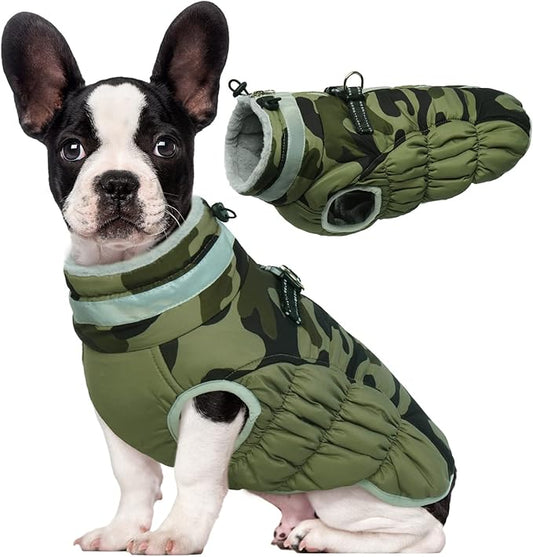 Lelepet Dog Coat Warm Dog Winter Coat Waterproof Dogs Jacket with Harness Built in Reflective Pet Fleece Vest Zip-Up Cold Weather Coats for Dogs Turtleneck & Windproof Coats Chihuahua Green Camo XS
