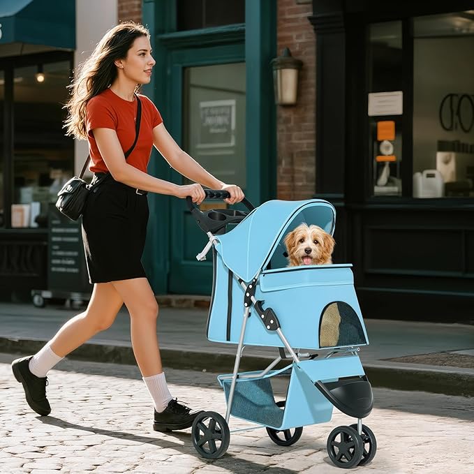 Cat Dog Stroller,3-Wheels Pet Stroller for Medium/Puppy Dogs 30 Lbs, with Storage Basket and Cup Holder, Breathable Mesh Mint