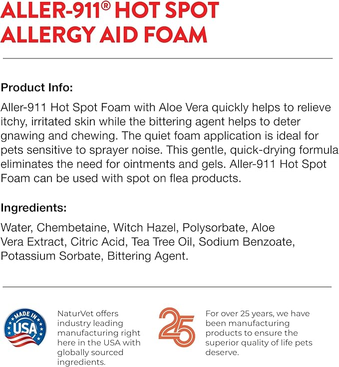 NaturVet Aller-911 Hot Spot Allergy Aid Foam Pet Supplement Plus Aloe Vera – Helps to Relieve Irritated, Itchy Skin for Cats, Dogs – Helps Deter Gnawing, Chewing – Quick Drying – 8 Oz.