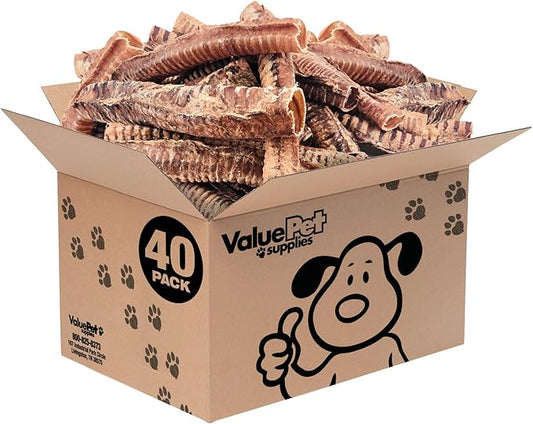 ValueBull Beef Trachea Dog Treats 10-12 Inch, 40 Count Bulk Pack - Natural Angus Dog Chews with Glucosamine, Chondroitin & Amino Acids