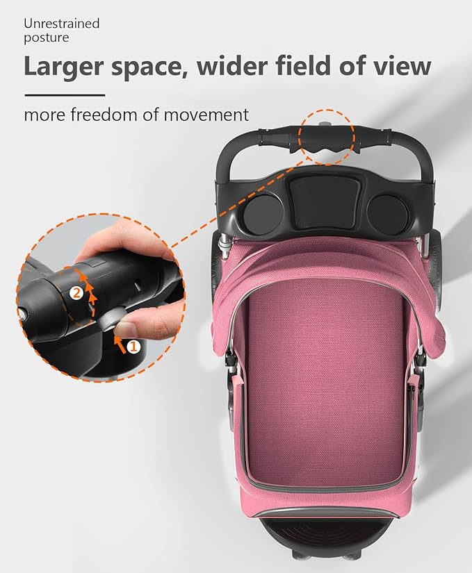 Pet Stroller with 3 Wheels for Small/Medium Pets, Portable Travel Foldable Carrier Jogger for Dog Cat Puppy Kitty, Rear Wheel Breaks, Storage Basket, Visible Mesh with Weather Cover (Pink)