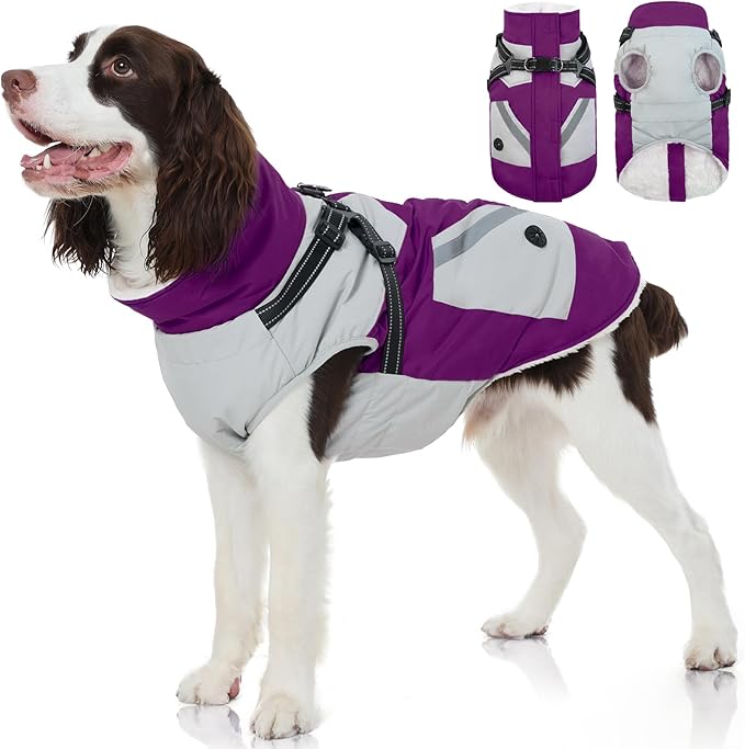 FUAMEY Dog Winter Jackets for Large Dogs,Dog Coat with Harness Built in,Waterproof Dogs Snowsuits Warm Pet Jacket Zip Up Fleece Cold Weather Coats Reflective Puppy Vest with Pocket Purple L