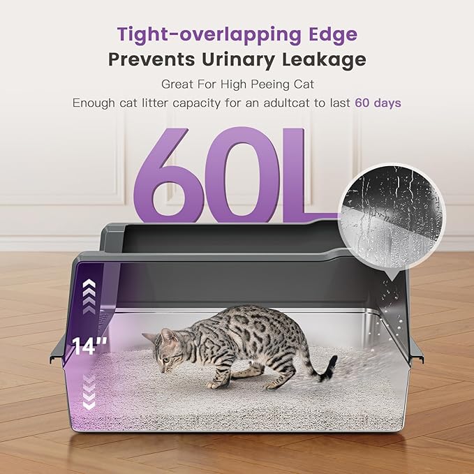 XXXL Stainless Steel Cat Litter Box with High Sides, 28" L x 20" W x 14" H Extra Large Litter Box for Big Cats and Multiple Cats, Enclosure Cat Litter Pan with Anti-Urine Leakage, Easy Clean