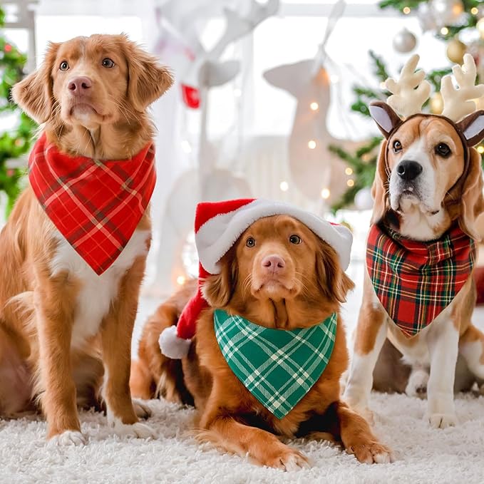 Abbylike 200 Pcs Christmas Dog Bandanas Bulk Xmas Red and Green Buffalo Plaid Bandanas for Dogs Triangle Kerchief Bibs Scarf Set for Pet Christmas Costume Photo Props Accessories Pet Shops, 25 Styles