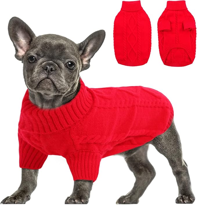 Queenmore Small Dog Pullover Sweater, Cold Weather Cable Knitwear, Classic Turtleneck Thick Warm Clothes for Chihuahua, Bulldog, Dachshund, Pug (Red, Large)