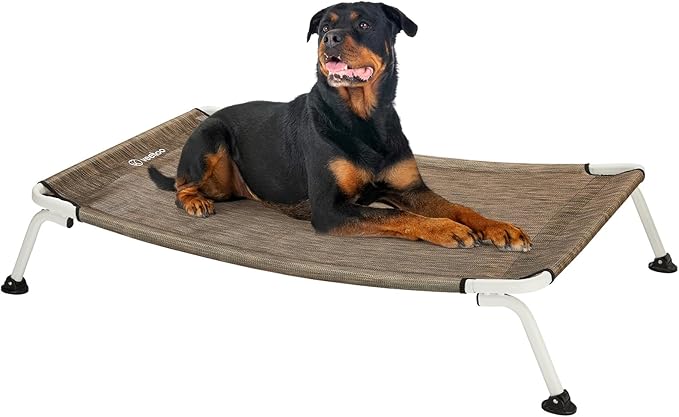 Veehoo Elevated Dog Bed for Outdoor, Cooling Waterproof Raised Dog Cots Beds XL, Curved Off Ground Pet Hammock Cot Lifted for Outside, up to 150lbs, White Legs, Brown 49"