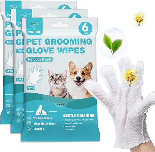 Vannon Extra Thick Pet Bathing Wipes for Dogs & Cats, Cleaning & Odor-Controlling Grooming Gloves, Nourish Fur Glove Wipes for Daily Care and Traveling, Rinse Free, Unscented, 3 Pack, 18 PCS