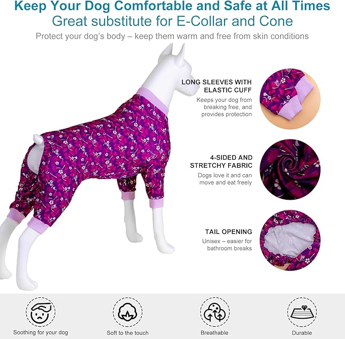 LovinPet Big Dogs Pajamas Jumpsuit, Pet Anxiety Relief Shirt, Sun Protection Dog Shirt, Comfy Stretchy Fabric, Indigo Garden Print, Big Dog Surgery Recovery PJ's, Girl or Boy Dog Party Apparel, XL