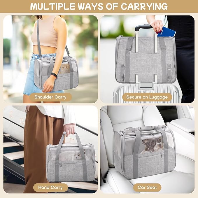 Cat Carrier Soft-Sided for Large Cats, Dog Carriers for Small Dogs, Airline Approved Pet Travel Carrier for Cats Puppies up to 16Lbs with Safety Zippers Foldable Bowl, 18x12.5x14.2, Grey