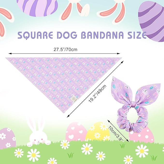 E-Clover Easter Dog Bandana & Matching Scrunchie-Bunny Dog Bandanas Pet Scarf Bib for Medium Large Dogs Girl Boy Owner Gift Purple