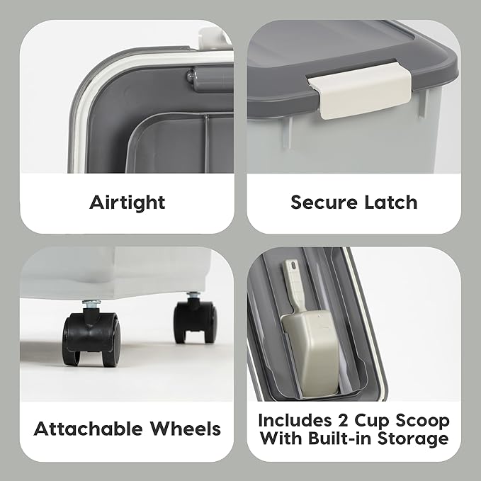 IRIS USA Dog Food Storage Container with Wheels, Airtight Lid, 2-Cup Scoop, Up to 54 Pounds Pet Food Storage, Built in Scoop Storage in Lid, Versatile Pet Food Bin, Portable, BPA Free, Gray/Dark Gray