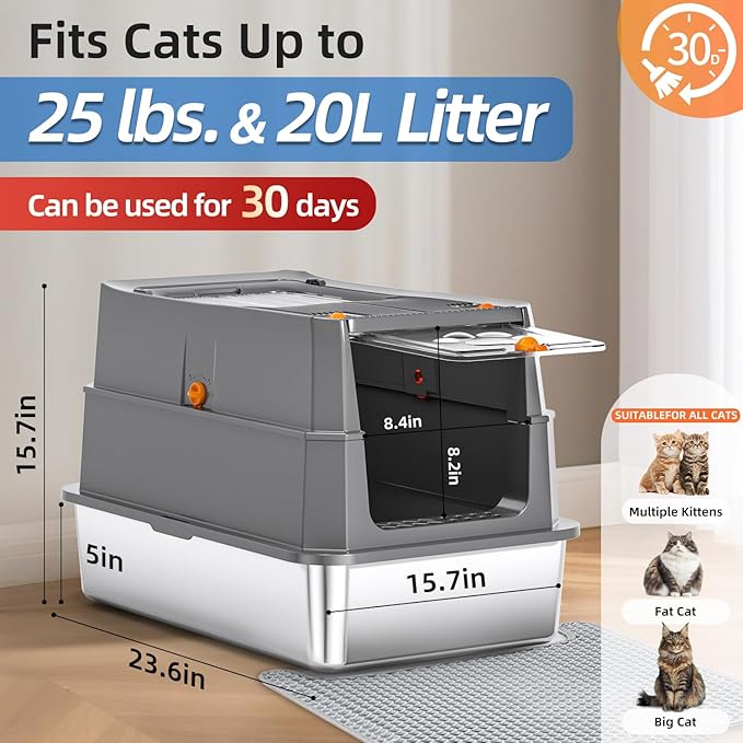 Stainless Steel Litter Box with Lid, 155° Flip Top XL Covered Enclosed Metal Cat Litter Box with Mat & Scoop, High Sided Enclosure,Anti-Leakage,Odor Free,Front & Top Dual Entry