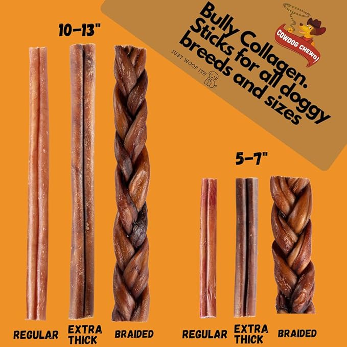 Cowdog Chews Beef Bully Stick: Odor-Free, Fully Digestible Beef Collagen Chews (9-12", 25 Count) - Natural, Grain-Free, Long-Lasting Collagen Bully Stick Substitute for All Dog Breeds