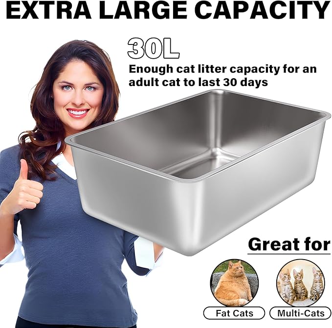 Stainless Steel Litter Box, 23.6x15.8x8 Inch(Deep) Stainless Steel Cat Litterbox XXL with High Sides, Non Stick No Smell Easy Clean Jumbo Metal Litter Boxes for Big/Fat Kitty