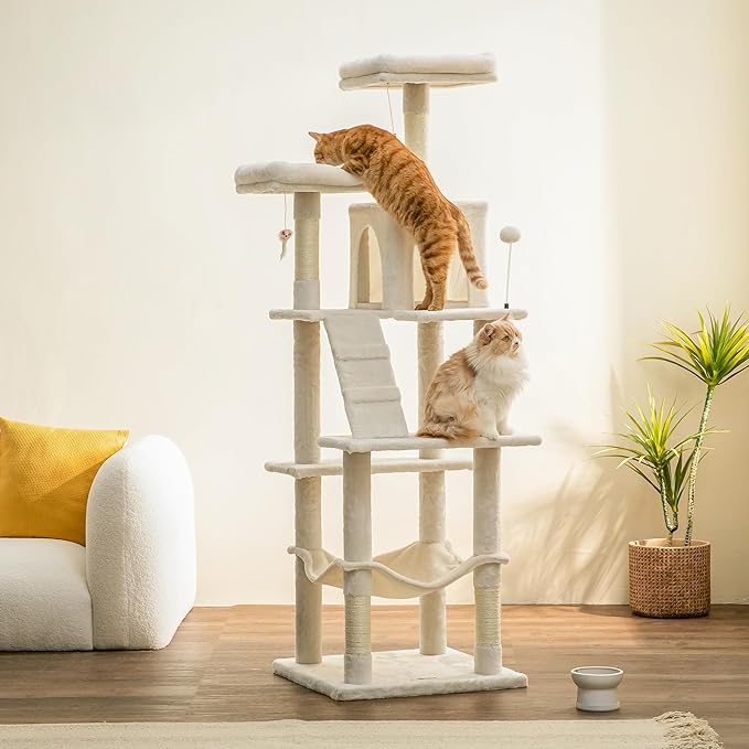 MWPO 70.1-Inch Large Cat Tree, Multi-Level Tall Cat Tower for Indoor Cats, Plush Cat Condo with Big Padded Perches, Sisal-Covered Scratching Posts, Hammock, Toys for Kittens & Cats - Beige