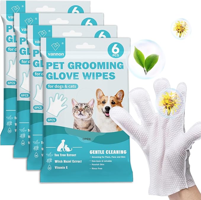 Vannon Extra Thick Pet Bathing Wipes for Dogs & Cats, Cleaning & Odor-Controlling Grooming Gloves, Nourish Fur Glove Wipes for Daily Care and Traveling, Rinse Free, Unscented, 4 Pack, 24 PCS