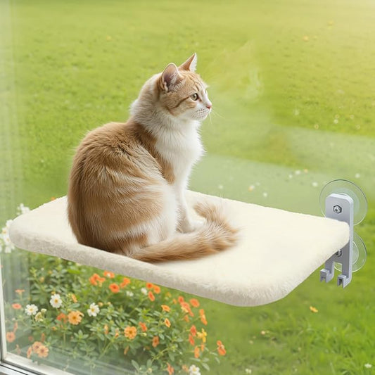 Cordless Cat Window Perch, Foldable Cats Hammock Window Bed with Metal Frame, Soft Cover, Large Suction Cups, Indoor Kitten Window Resting Seat for Spring/Fall, Creamy