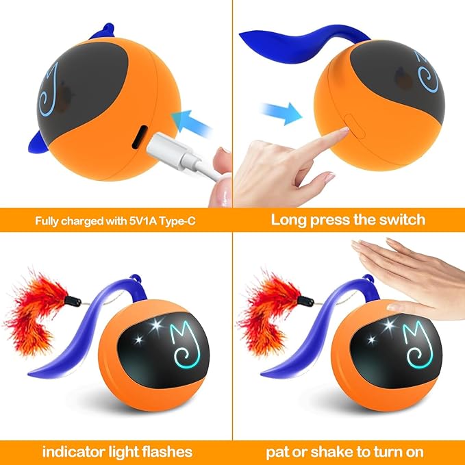 Migipaws Interactive Cat Ball Toy Set, Fun Tracker, Glowing Chase Ball with MystiChaser Pouch, Fluffy Tail, A Small Mice (Orange)