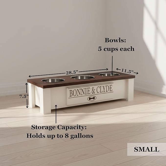 GrooveThis Woodshop - Personalized Elevated Triple Dog Bowl Stand for Large, Medium, Small, X-Small Dogs - 3 Stainless Steel Food and Water Bowls - Raised Dog Dish with Internal Storage (Small, Brown)