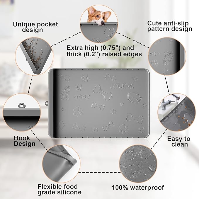 Dog Food Mat - Silicone Dog Mat for Food and Water - 36" x 24" Large Pet Feeding Mats with Residue Collection Pocket - Waterproof Dog Cat Bowl Mat with High Edges to Prevent Water Food Spills (Gray)