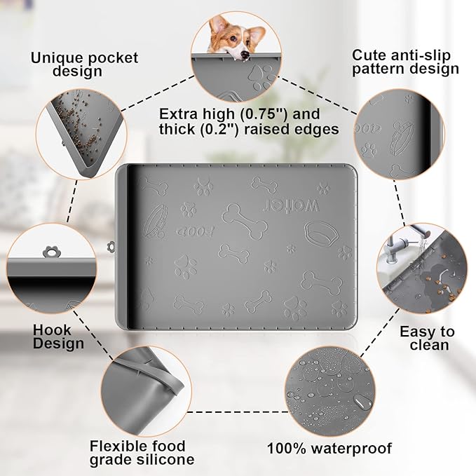 Dog Food Mat - Silicone Dog Mat for Food and Water - 28" x 20" Pet Feeding Mats with Residue Collection Pocket - Waterproof Dog Cat Bowl Mat with High Edges to Prevent Water Food Spills (Gray)