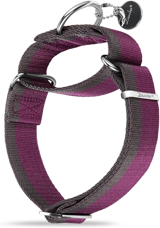 Martingale Collar 1.5 Inch Wide 1200D Extra Strong Nylon Dog Collar, No Pull Heavy Duty Dog Collar with 2-Color Stripe for Medium to XLarge Dogs (Extra Large, Purplish Red &Grey)