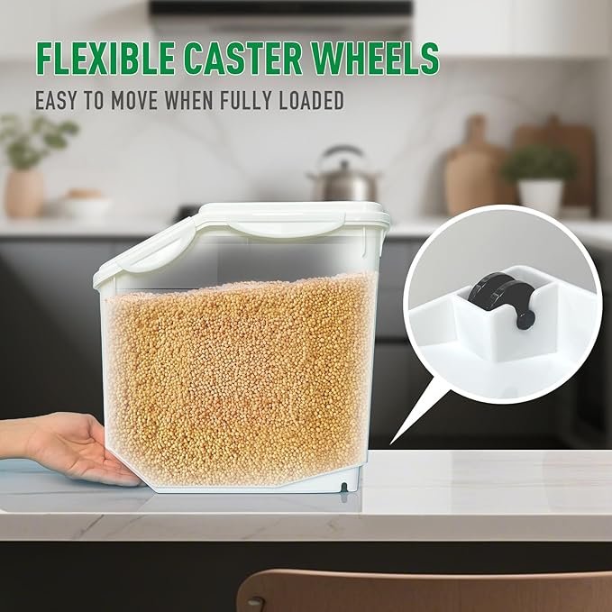 2 Pack Large Dog Food Storage Container, Flour Rice Storage Bin with 2 Measuring Cups, 25Lbs (15 Liters) with Wheels Seal Locking Lid PP Material, Sugar, Cereal and Dog Cat Pet food Containers