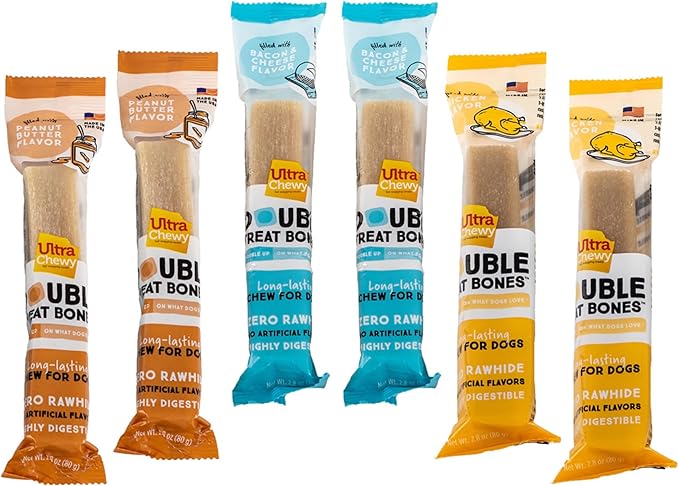 Ultra Chewy Peanut Butter, Chicken, Bacon and Cheese Flavors: Long-Lasting Treats Made in USA for Large and Small Breeds, Highly Digestible, for Aggressive Chewers (Favorite Flavors, 6 Count)