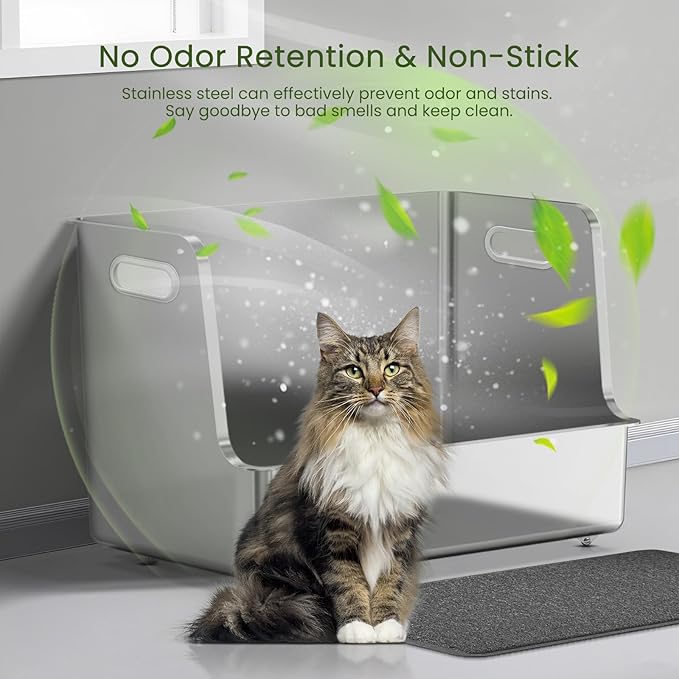 One-Piece Stainless Steel Cat Litter Box, 14.5" High-Sided Metal Litter Pan with Extra Wide Entry, Rust-Proof, Easy to Clean, No Odor, with Wheels & Handles, Perfect for Large or Multi-Cat Homes