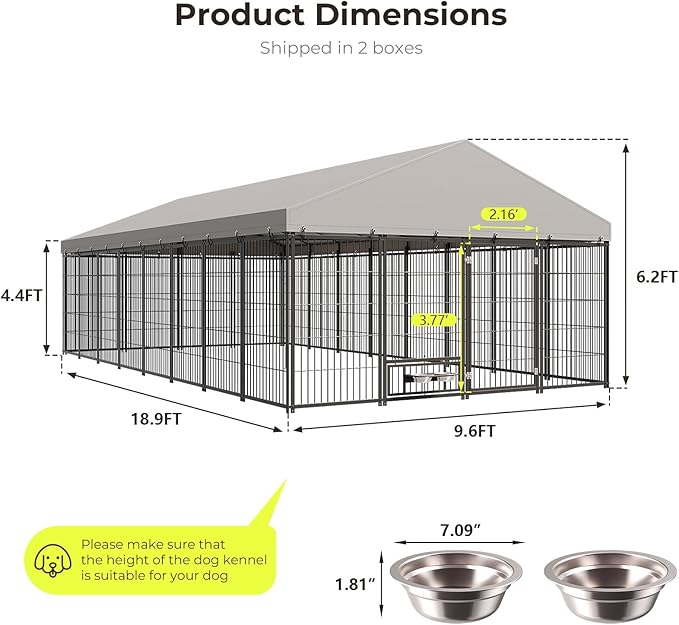 10X19FT Large Dog Kennel Outside with Feeding, Heavy Duty Outdoor Dog Run Cage with Cover & Lock, Outdoor Pet Enclosure Fence for Yard with Roof