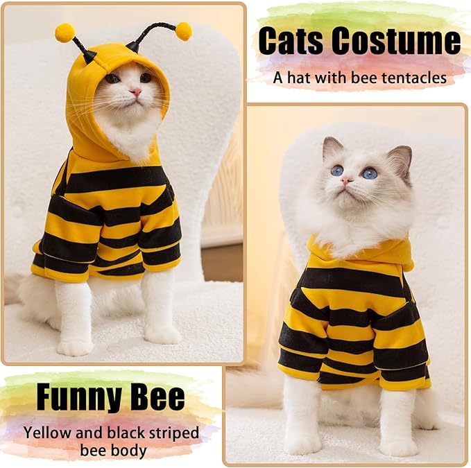 DENTRUN Sphynx Hairless Cats Costume Funny Bee Warm Winter Sweater Cute Pullover Kitten Shirts Breathable Cat Leisure Wear Turtleneck Vest Adorable Cat's Clothes Jacket Pajamas Jumpsuit, M