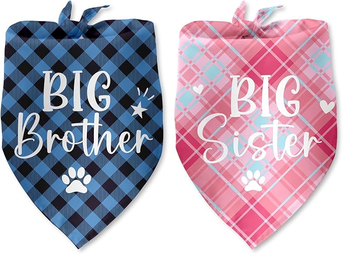2 Pack Big Brother Big Sister Bandana for Dog Gender Reveal Dog Bandana Pregnancy Announcement Photo Prop Pet Scarf Accessories for Small Medium Large Dog