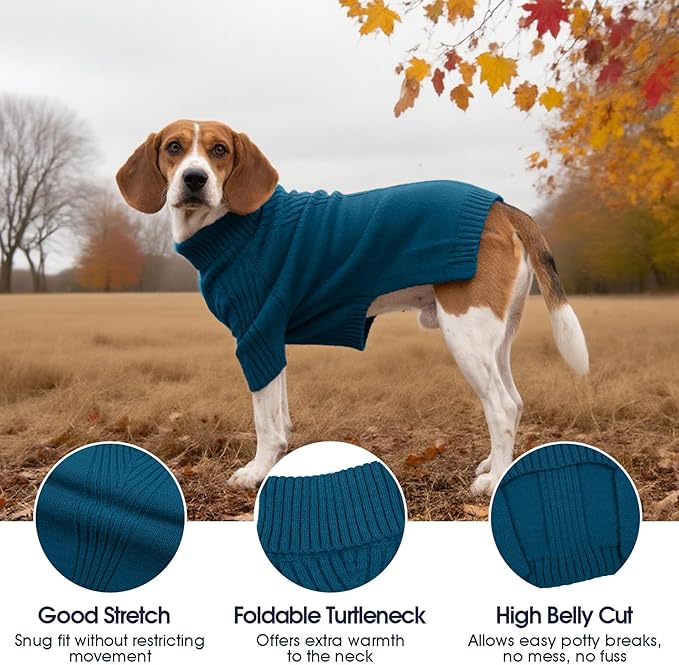 IECOii XXL Dog Sweater,Thermal Knit Big Dog Sweater with Sleeve,Pet Turtleneck Doggy Sweatshirt for Extra Large Dogs Boy Girl,Stretchy Large Dogs Cold Weather Outfit Pitbull Clothes,(Peacock Blue,2XL)