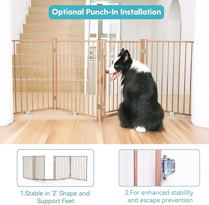 No Pawblems Free Standing Dog Gate with Door, 30'' Tall Foldable Dog Fence for Indoor & Outdoor, Up to 104" Extra Wide Puppy Gate for Stairs, Hallways, Doorways, Deck, Yard (Wood Pattern, 4 Panels)