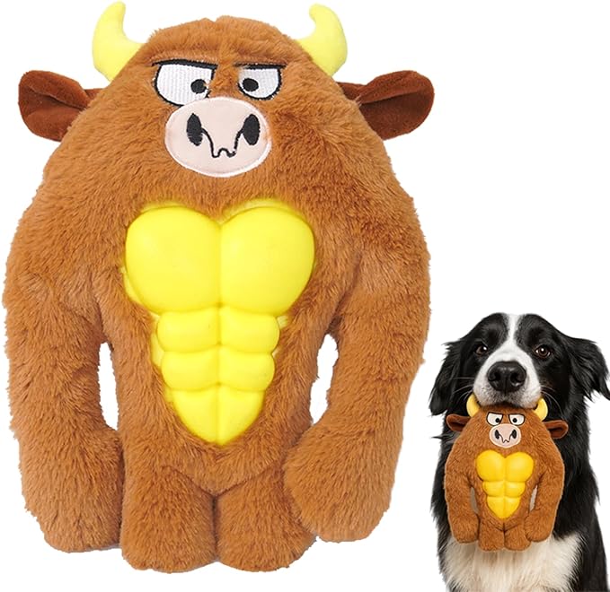 Tough Dog Toys for Heavy Chewers, Interactive Plush Dog Chew Toys with Rubber Muscles, Squeak Dog Toys for Aggressive Chewers, Dog Toy for Small Medium Large Breed (Hercules Cow)