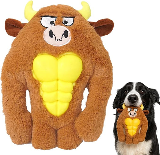 Tough Dog Toys for Heavy Chewers, Interactive Plush Dog Chew Toys with Rubber Muscles, Squeak Dog Toys for Aggressive Chewers, Dog Toy for Small Medium Large Breed (Hercules Cow)