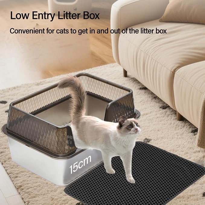 Enclosed High Sided Metal Stainless Steel Cat Litter Box with lid Scoop and Mats for Kittens or Medium Cats, Easy Clean Transparent Black Deep Tall Kitty Litter Box