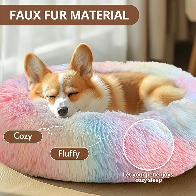 JOLLYVOGUE Large Calming Dog Bed, Anti-Anxiety Donut Cuddler Cat Bed with Anti-Slip Bottom, Fluffy Faux Fur Machine Washable Pet Cushion for Medium Large Dog & Cat, 36"/Rainbow