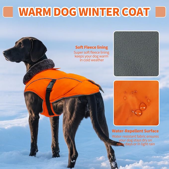 DENTRUN Large Dog Winter Coat - Windproof Reflective Warm Coat, Adjustable Neck & Snap Closure, Water Repellent Thick Fleece Vest, Fleece Lined for for Golden Retriever, Orange, XL