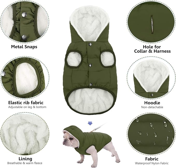 Fleece Hoodie, Windproof Waterproof Coat, Winter Warm Jacket, Cold Weather Pet Apparel Clothes Vest for Small Medium Large Dogs (XL, Green)