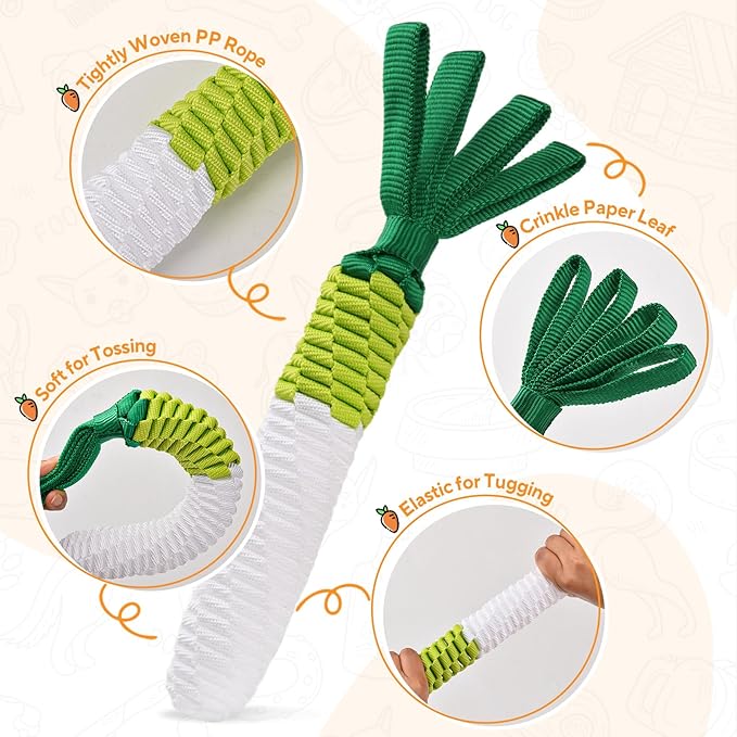Dog Rope Toy, Tug of War Dog Toy, Cute Carrot Dog Toy with Crinkle Paper Tags, Radish
