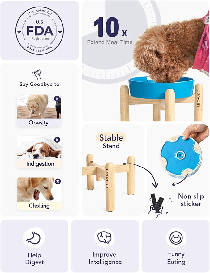 LE TAUCI Ceramic Slow Feed Dog Bowls, Elevated for Small Breeds, 6 inch, Blue, Non-slip