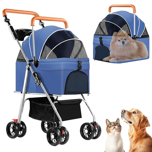 3 in 1 Dog Strollers 4 Wheels Folding Pet Stroller with Detachable Carrier Multifunction Portable Dogs Travel Carriers for Medium Small Puppy Kittens(Solid Blue)