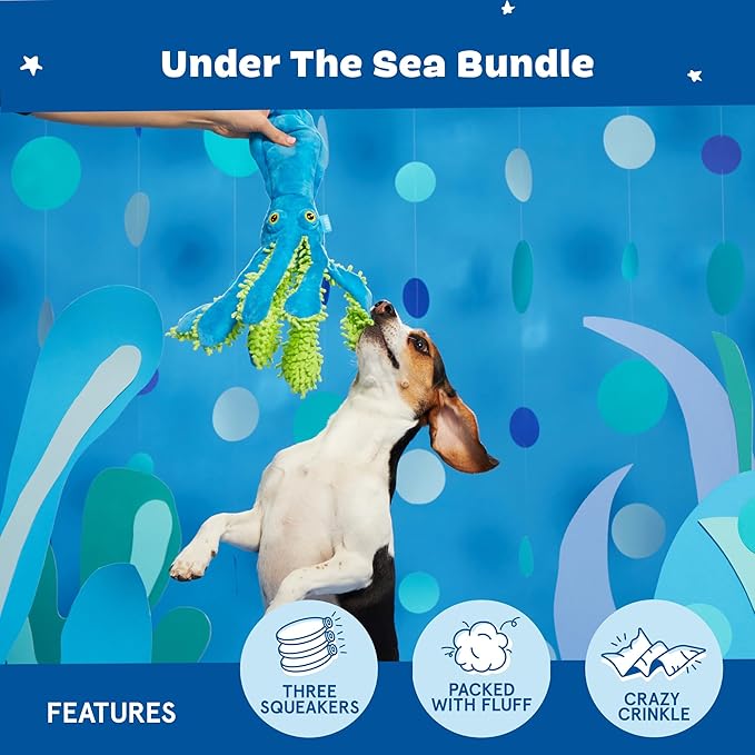 Barkbox Under The Sea Bundle - 3 Toys for Medium and Large Dogs - Squeaky Dog Toy, Tug Toy, Plush Chew Toys - Maggie Mahi, Shify Sid The Squid, Moby Lick