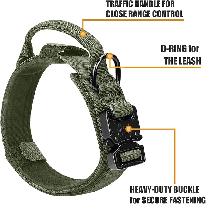 Tactical Dog Collar, Adjustable Nylon, Heavy Duty Metal Buckle with Handle, Green, L