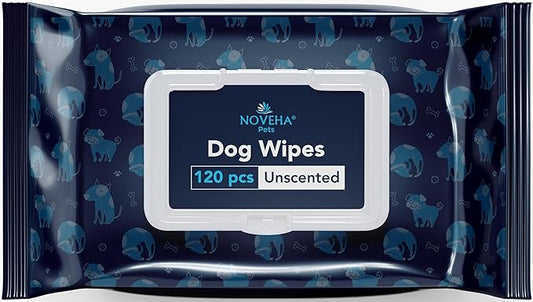 NOVEHA 120PCs Dog Wipes - Odor Eliminating and Cleaning Grooming Wipes for Dog's Paws, Body, and Butt - Perfect for Puppy and Adult Dogs - Plant-Based, Safe, Convenient & Large Unscented Wipes